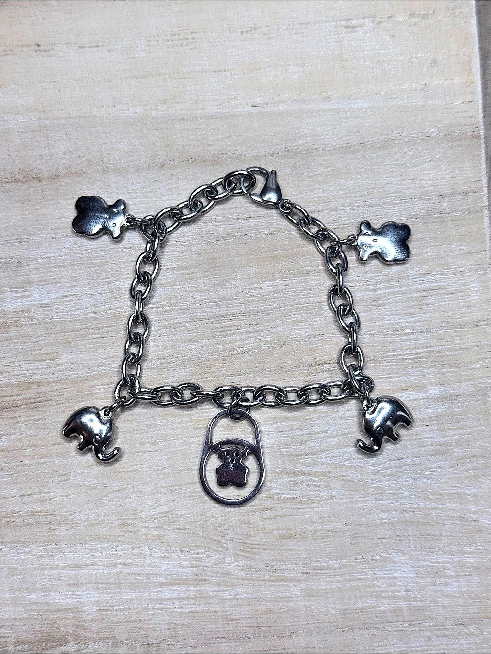 Stainless Steel Bear Charm Link Bracelet 7.5"
